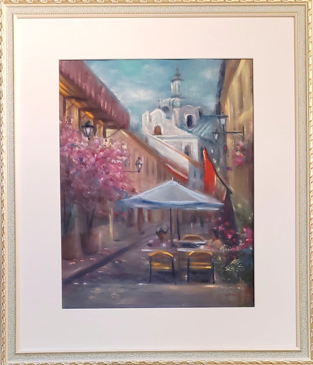 絵画 原画 「紅いトラムの走る街」 水彩/パステル F6 アンティーク